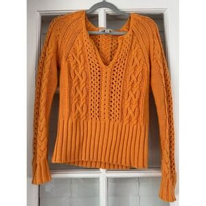 TOMMY HILFIGER WOMENS YELLOW V-NECK CHUNKY CABLE KNIT SWEATER Y2K 2000's M